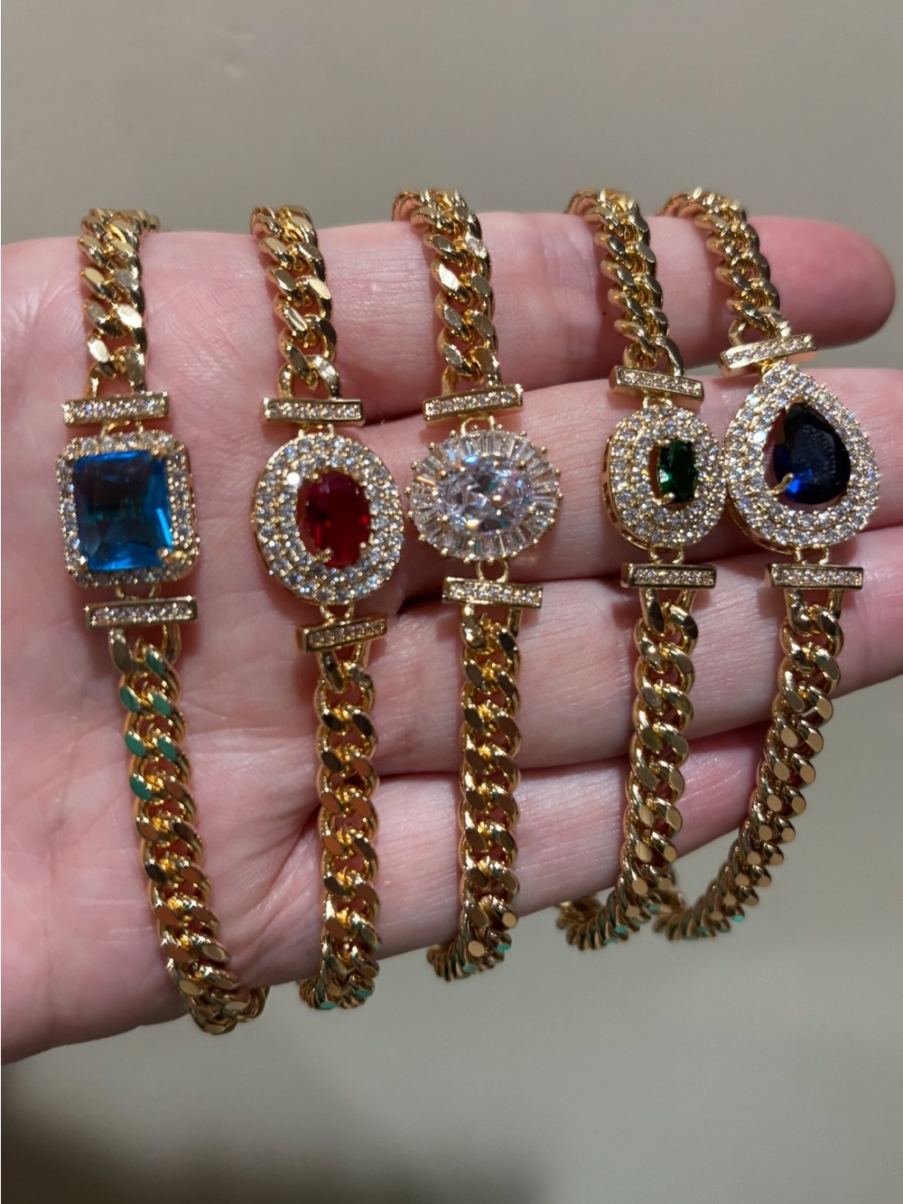 New Gold Multicolor Stone Chain Bracelet in blue, red, clear, green.
